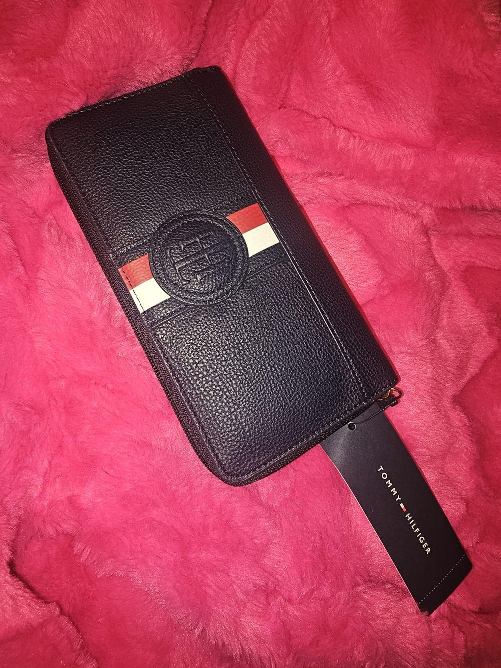Tommy Hilfiger Black Zip-Around Wallet with Red & White Stripe